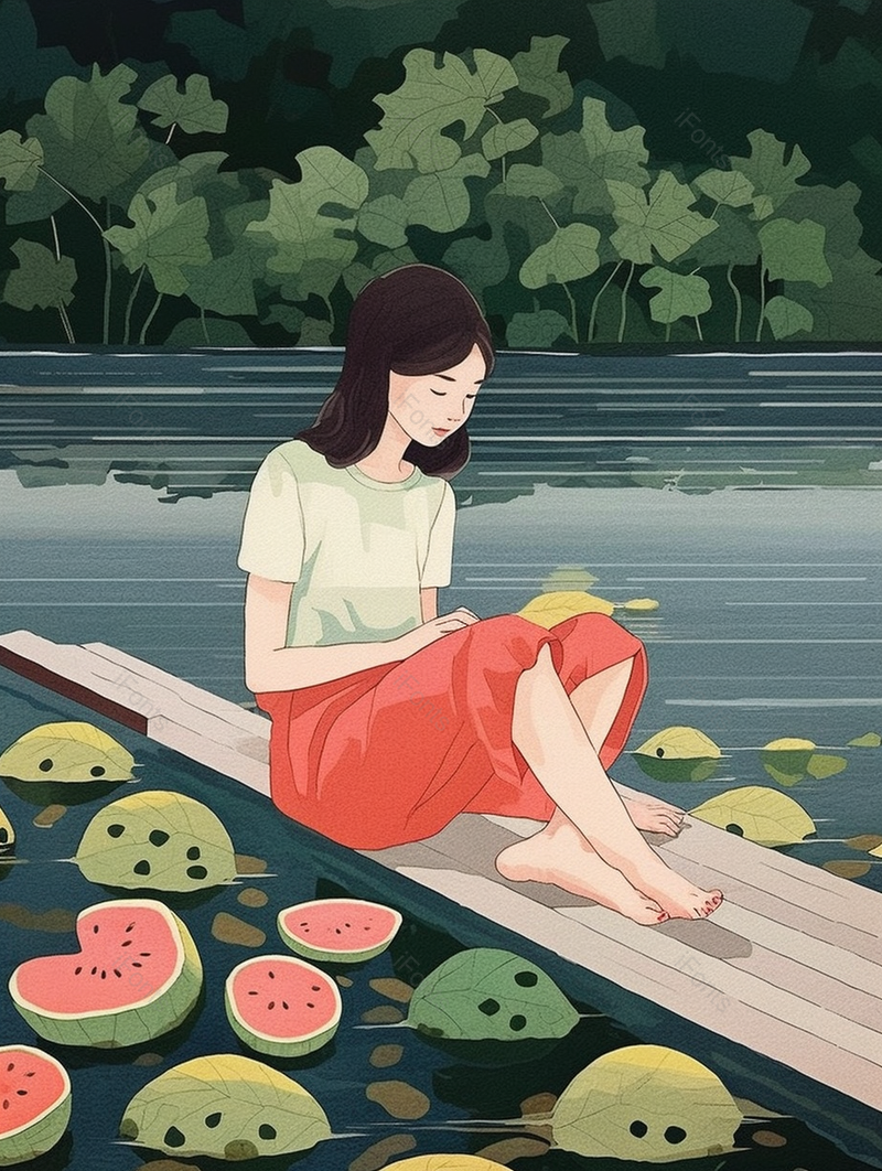绿色池塘边冰镇西瓜的少女插画,插画/手绘图,插画/手绘图库,插画/手绘图下载,插画/手绘